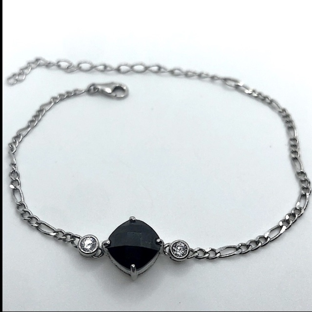 Sterling Onyx Facet Cut Stone w Bezel Set Cz Bracelet 7” - 9.5” Adjustable